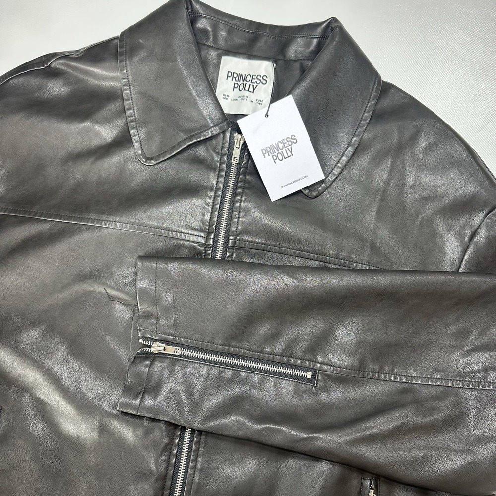 Princess Polly Faux Leather Moto Jacket Women Size US 10 Brown Zip Biker NWT